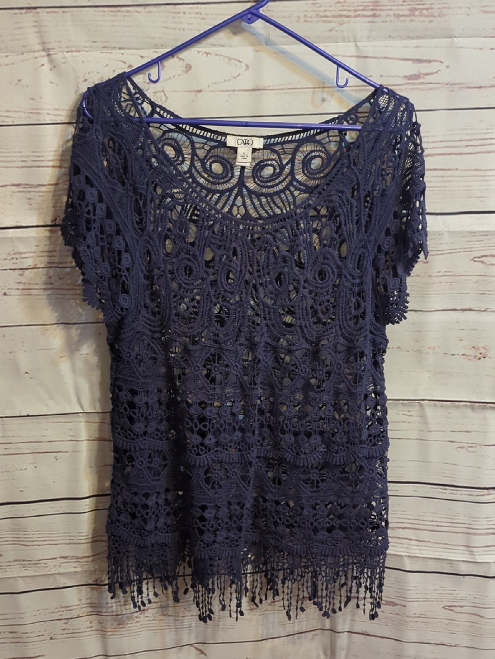 Cato Navy Crochet Fringe Short-Sleeve Tunic